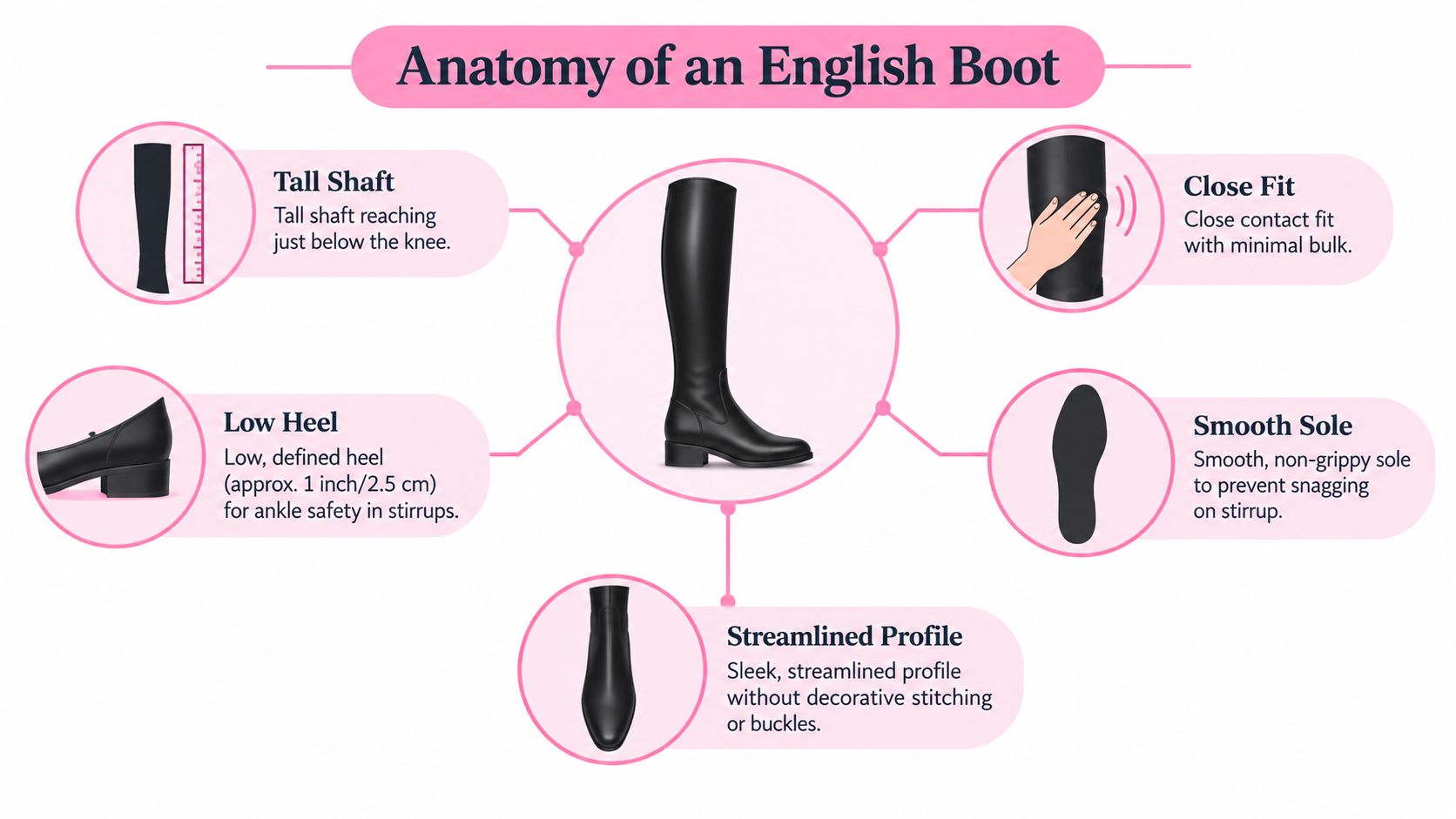 A diagram illustrating the anatomy of an English riding boot, highlighting its key features and design elements.