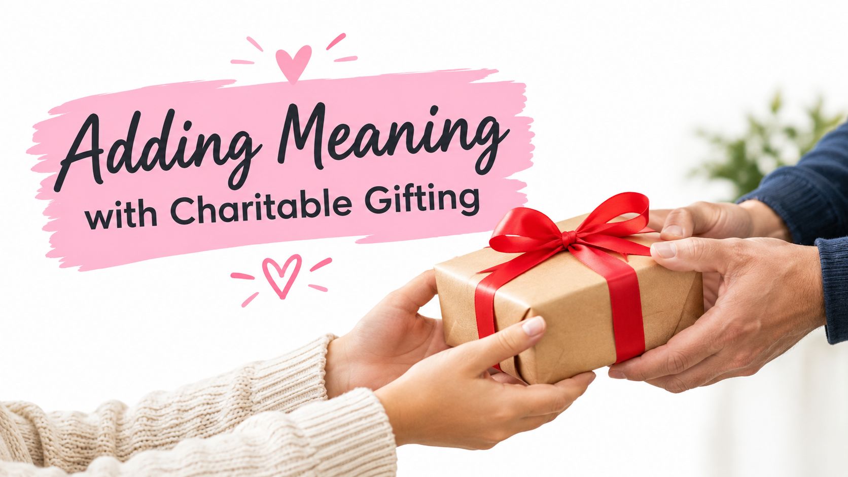 A person handing a gift box with a red ribbon to another person as a charitable gesture.