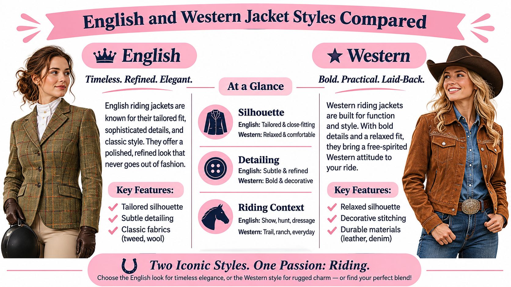 A comparison chart showing the differences between English and Western style horse riding jackets for women.