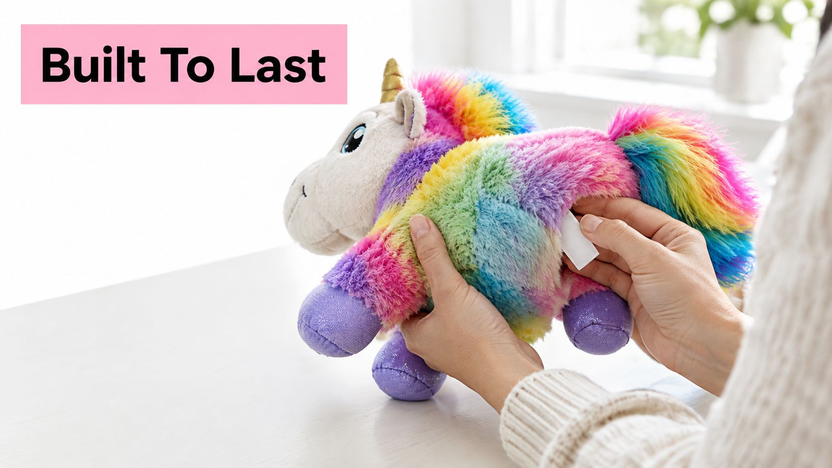 A person holds a colorful rainbow-patterned unicorn plush toy while revealing its fabric care label.