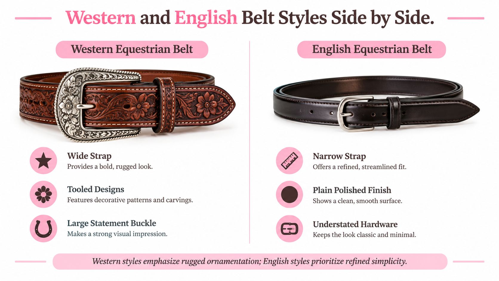 A comparison image showcasing Western equestrian belts with carved details versus simple English equestrian leather belts.