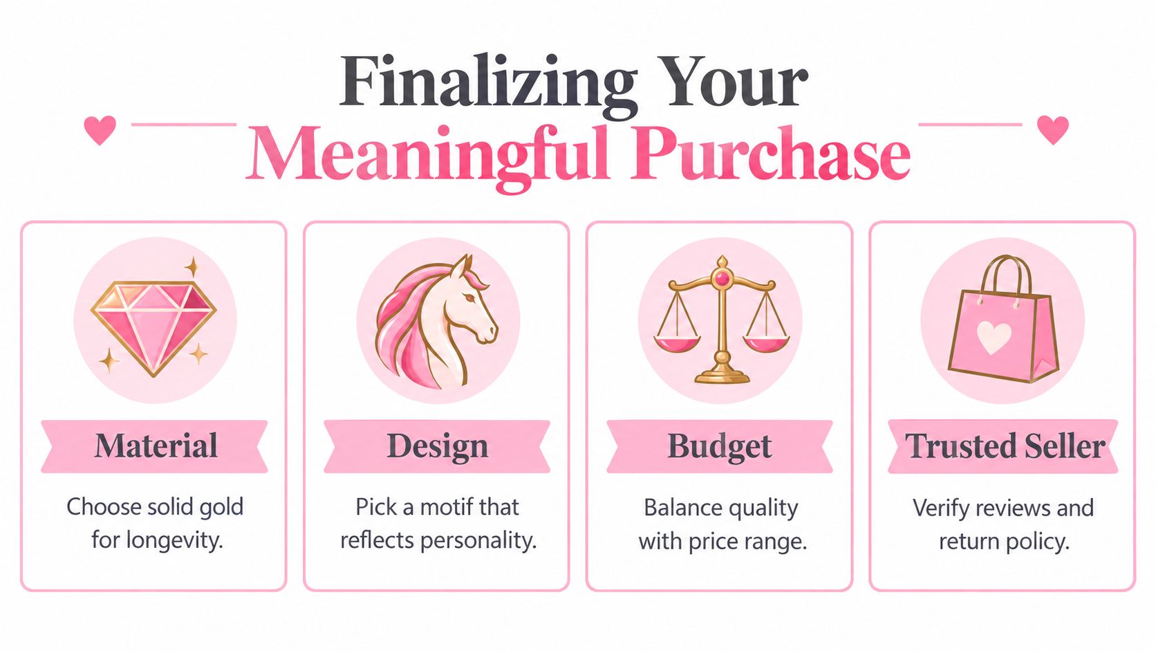 A helpful infographic showing four tips for buying jewelry: material, design, budget, and choosing a trusted seller.