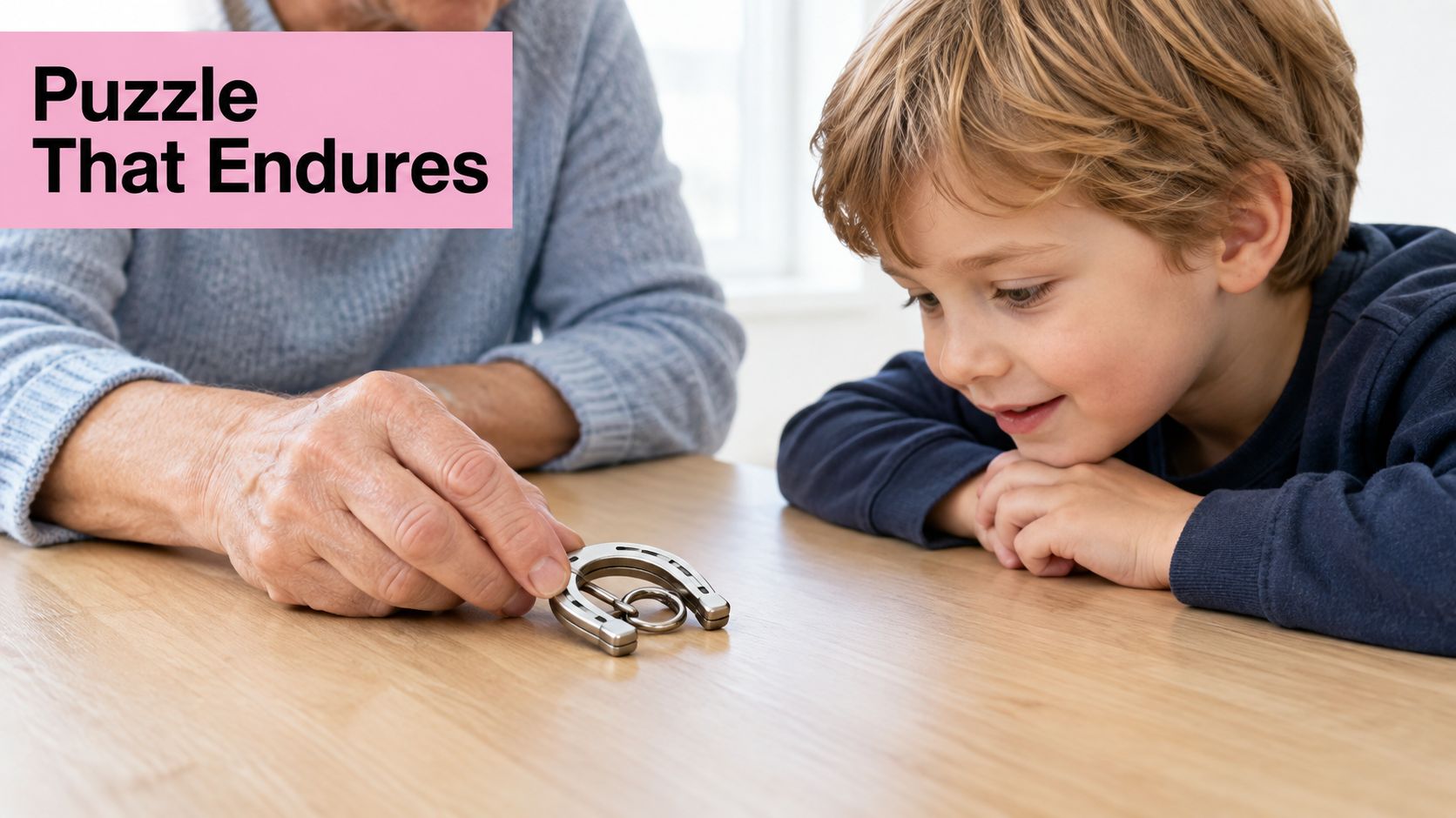 An elderly person and a young child playing with a metal horseshoe brain teaser puzzle together.