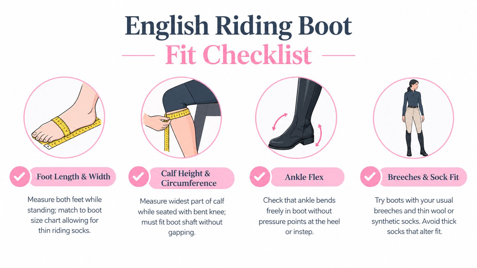 An infographic showing four steps for checking the proper fit of English riding boots for women.