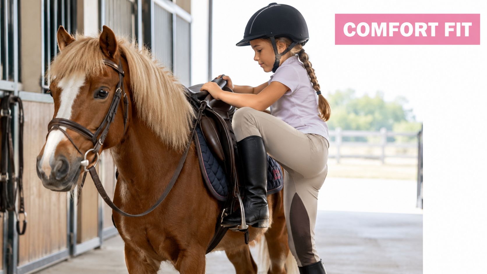 A young girl with a braided ponytail wearing riding gear prepares to mount a brown pony.