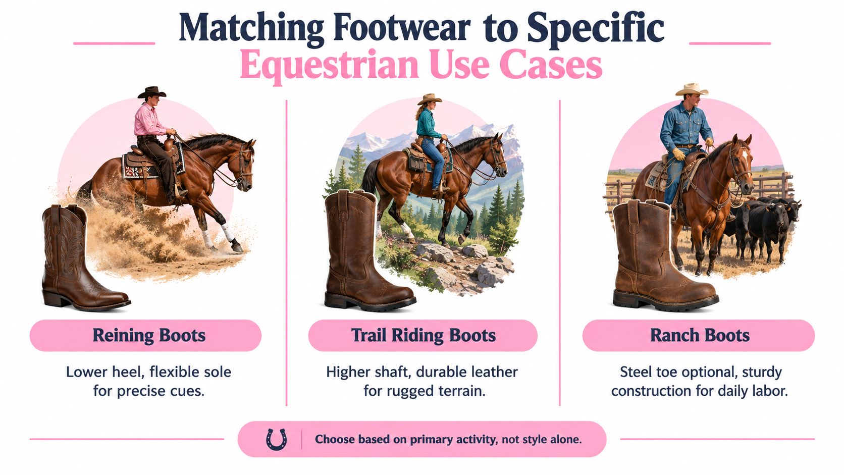 An infographic showing three types of western riding boots for reining, trail riding, and ranch work.