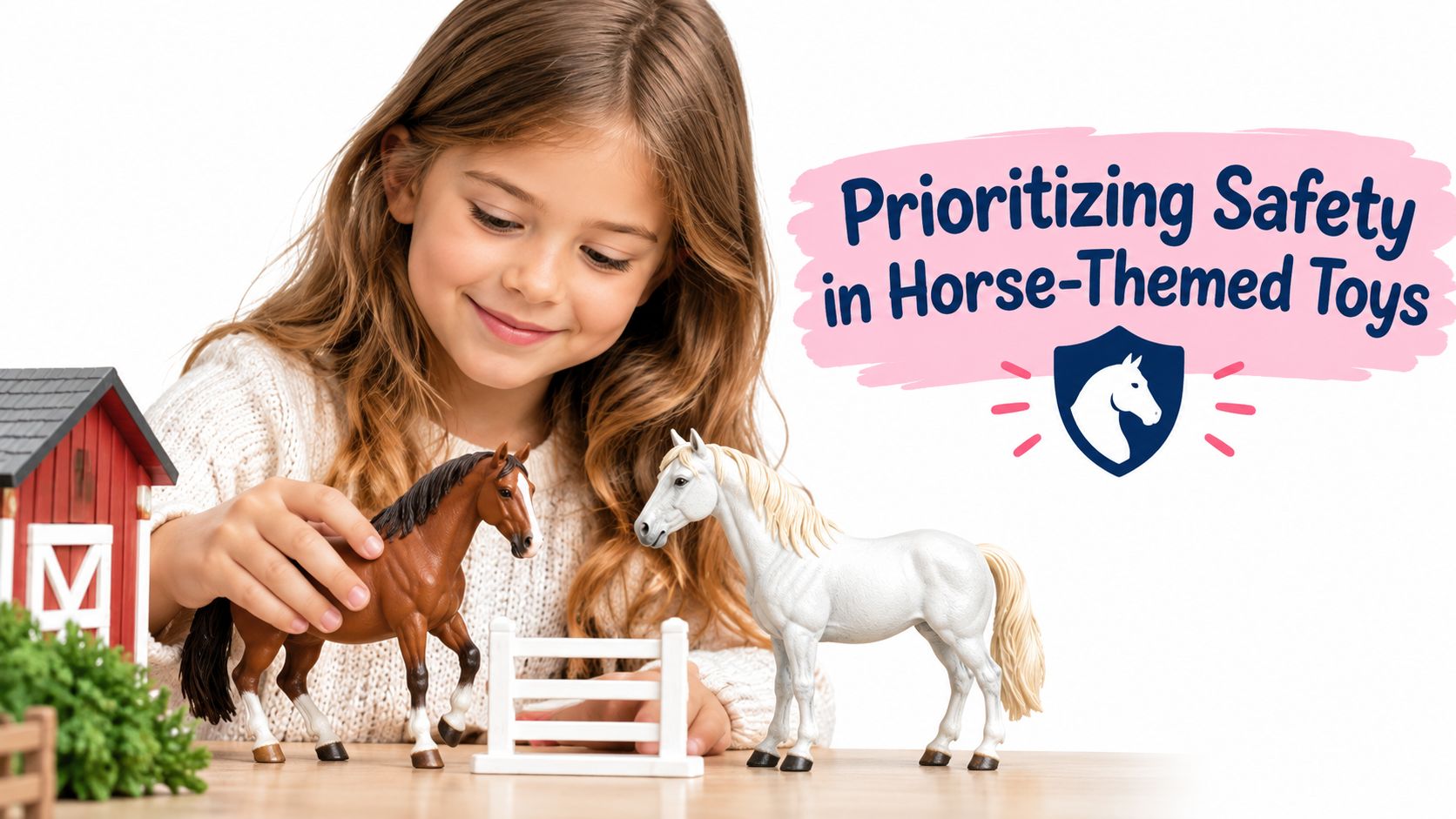 A young girl happily plays with miniature horse toy figures and a small farm set.