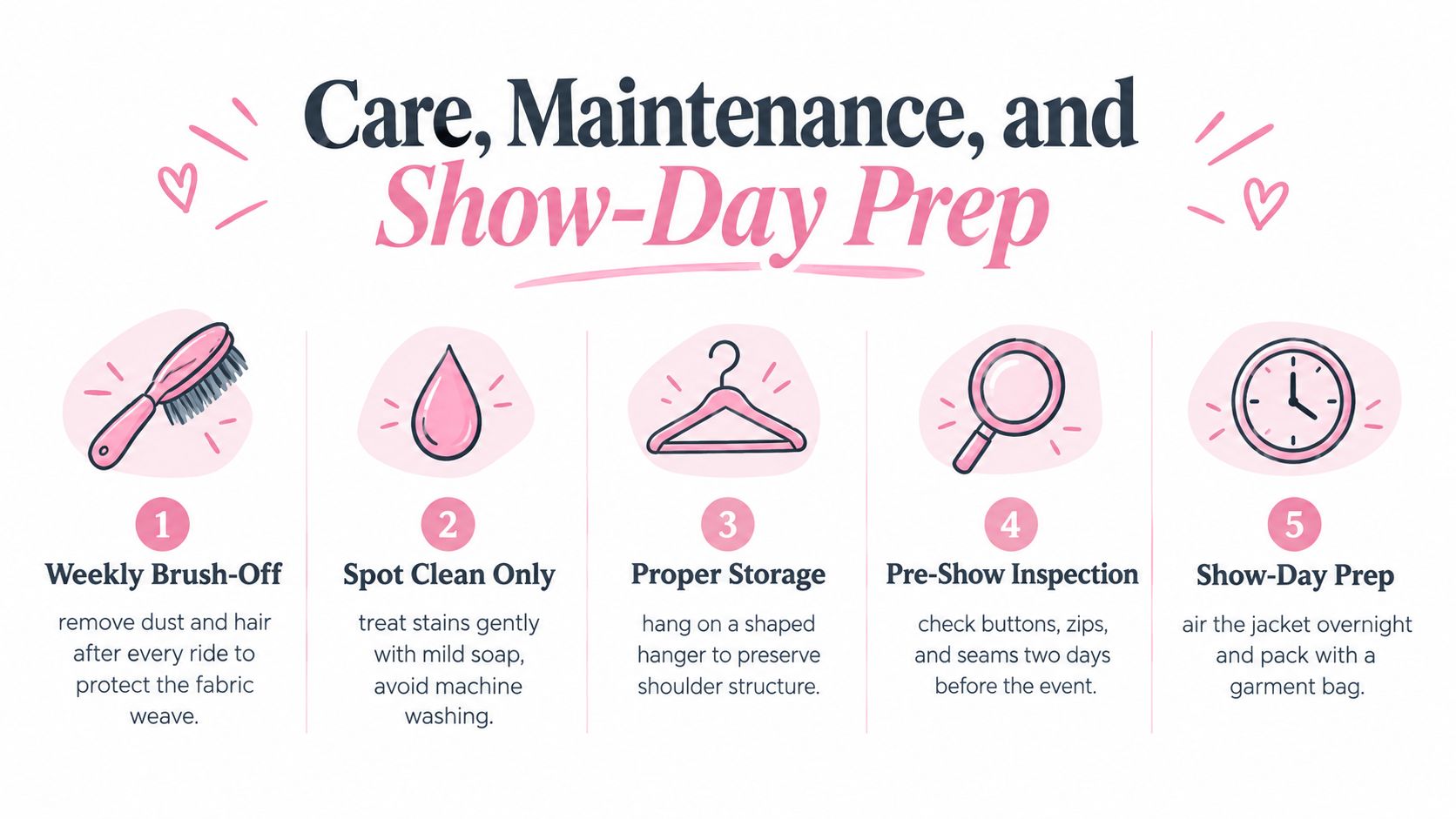 A colorful infographic illustrating five essential steps for caring for and maintaining an English riding jacket.