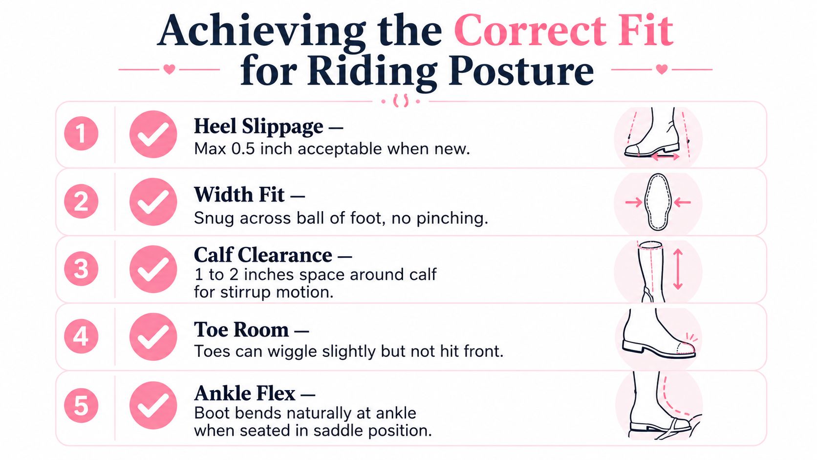 An infographic detailing five key steps to ensure a correct fit for western riding boots.