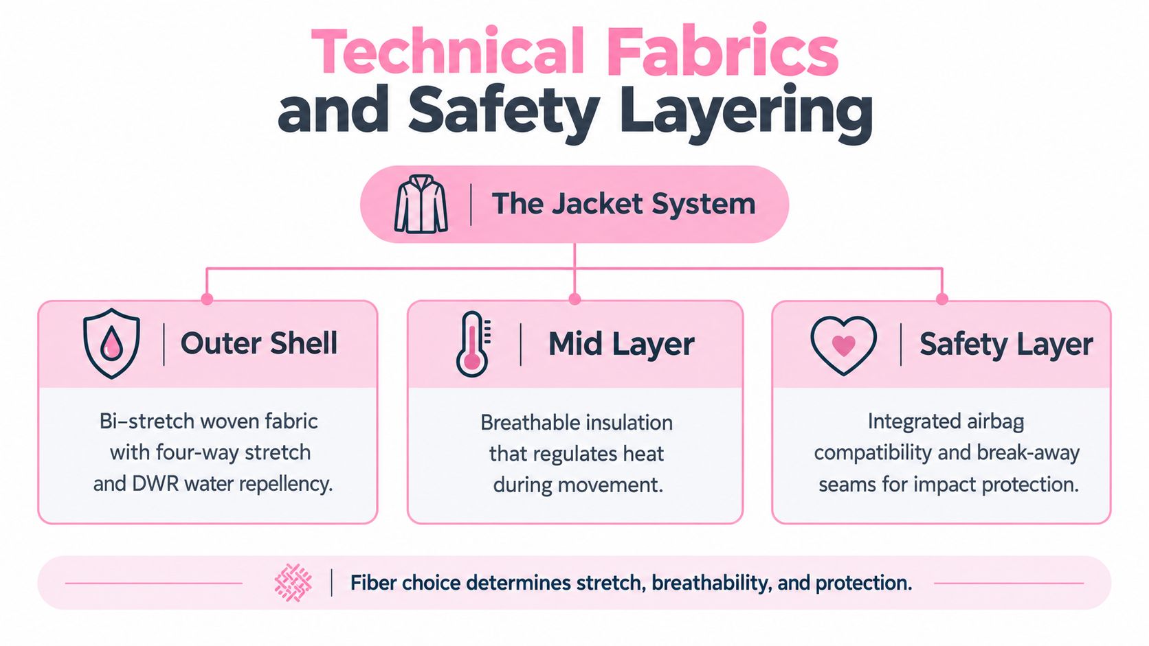 A diagram illustrating the three layers of a technical riding jacket system, including outer, mid, and safety layers.