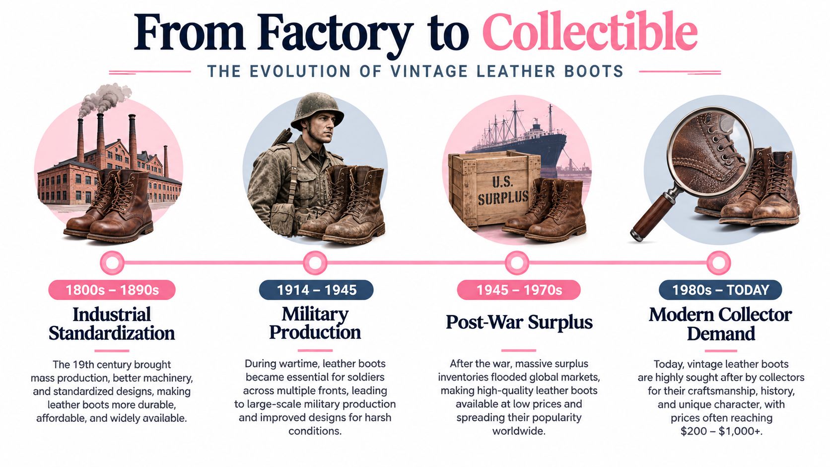 A timeline graphic showing the evolution of vintage leather boots from industrial production to modern collector items.