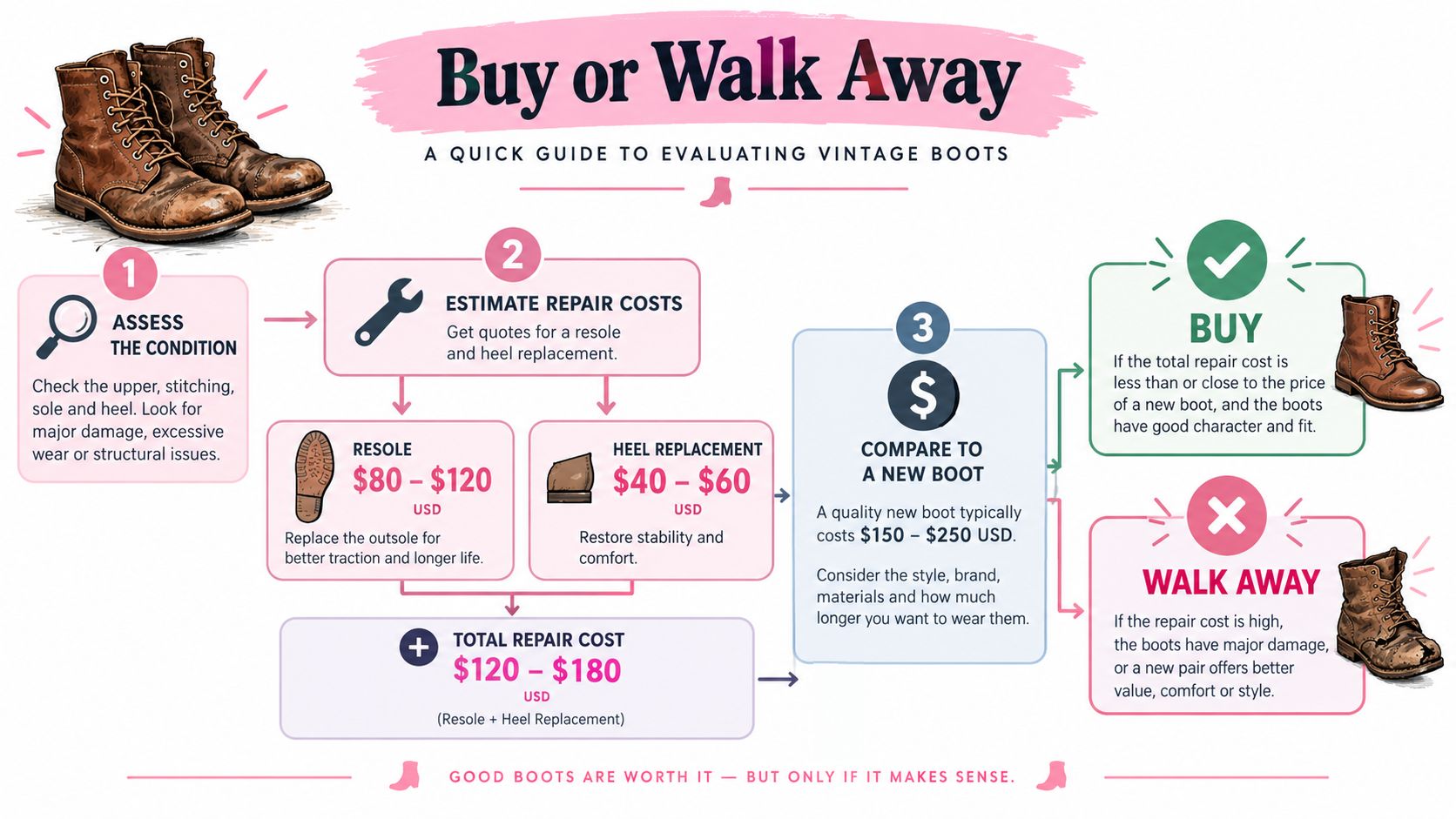 An infographic titled Buy or Walk Away offering a guide on evaluating vintage boot repair costs.