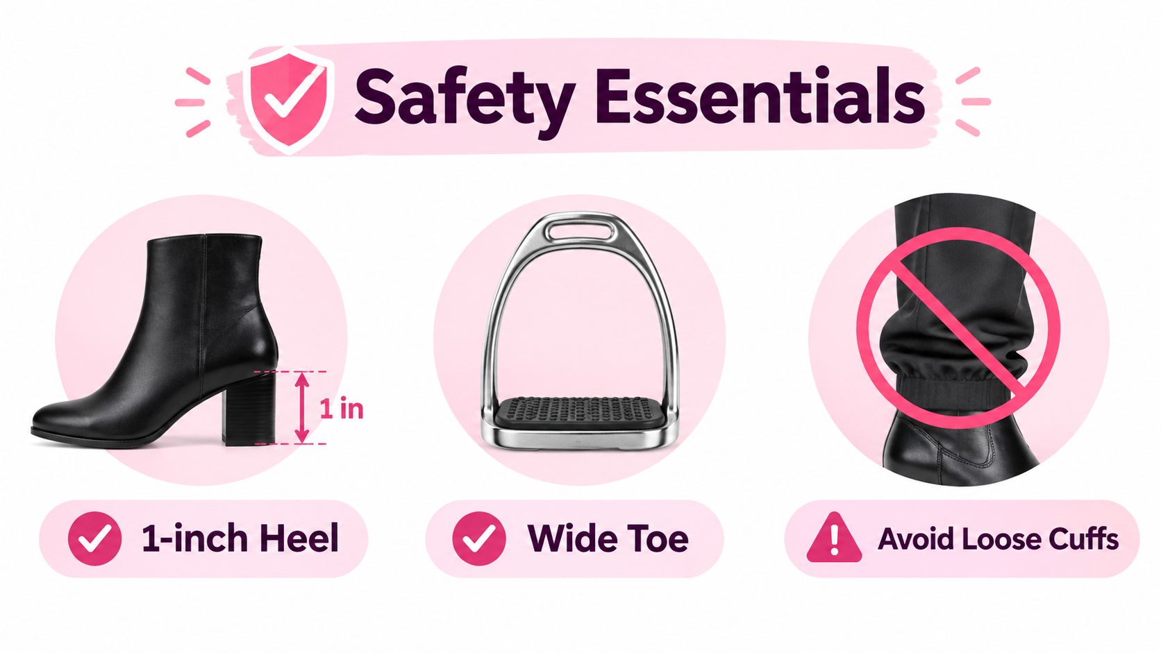 An infographic displaying horse riding safety essentials including a one-inch heel boot, wide stirrup, and avoiding loose pants.