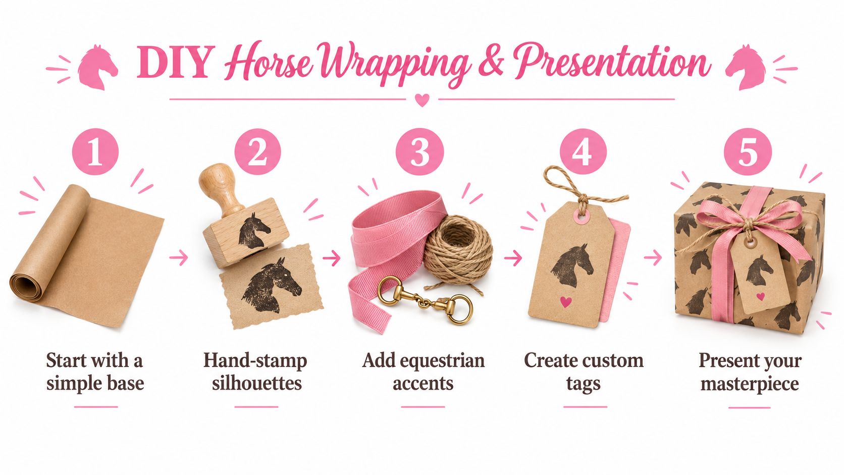 A five-step DIY tutorial showing how to create custom horse-themed gift wrapping paper and decorations.