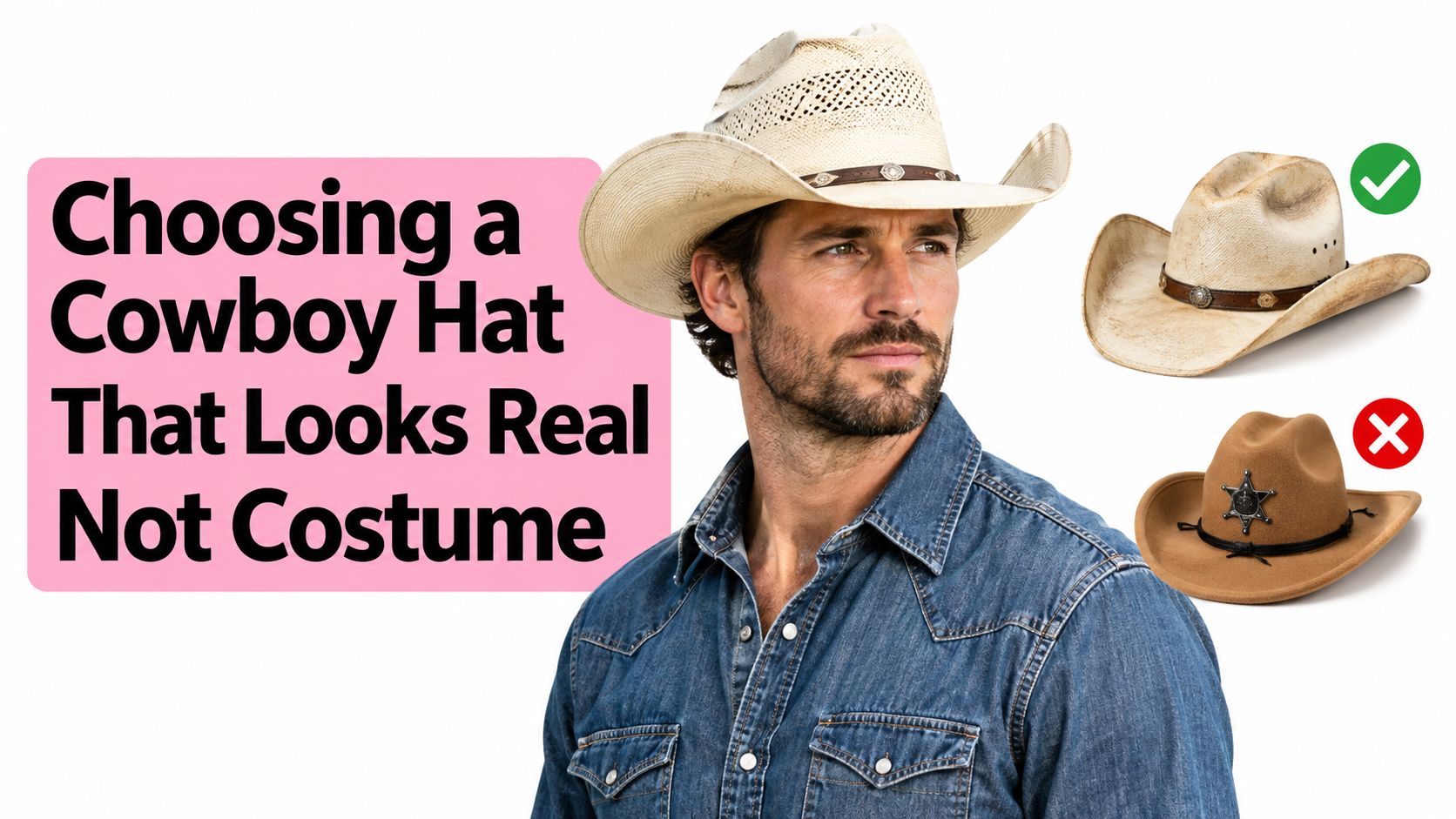 A man wearing a straw cowboy hat next to examples of realistic and costume-style cowboy hats.