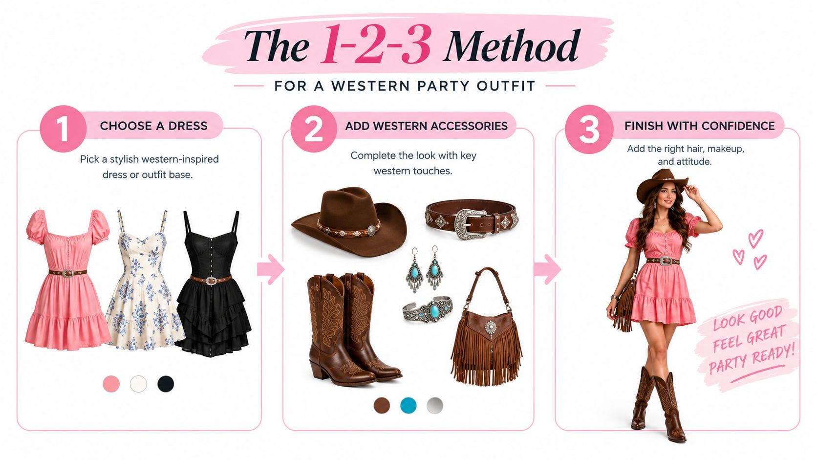 A 1-2-3 guide on how to style a stylish western themed party outfit with dresses and accessories.