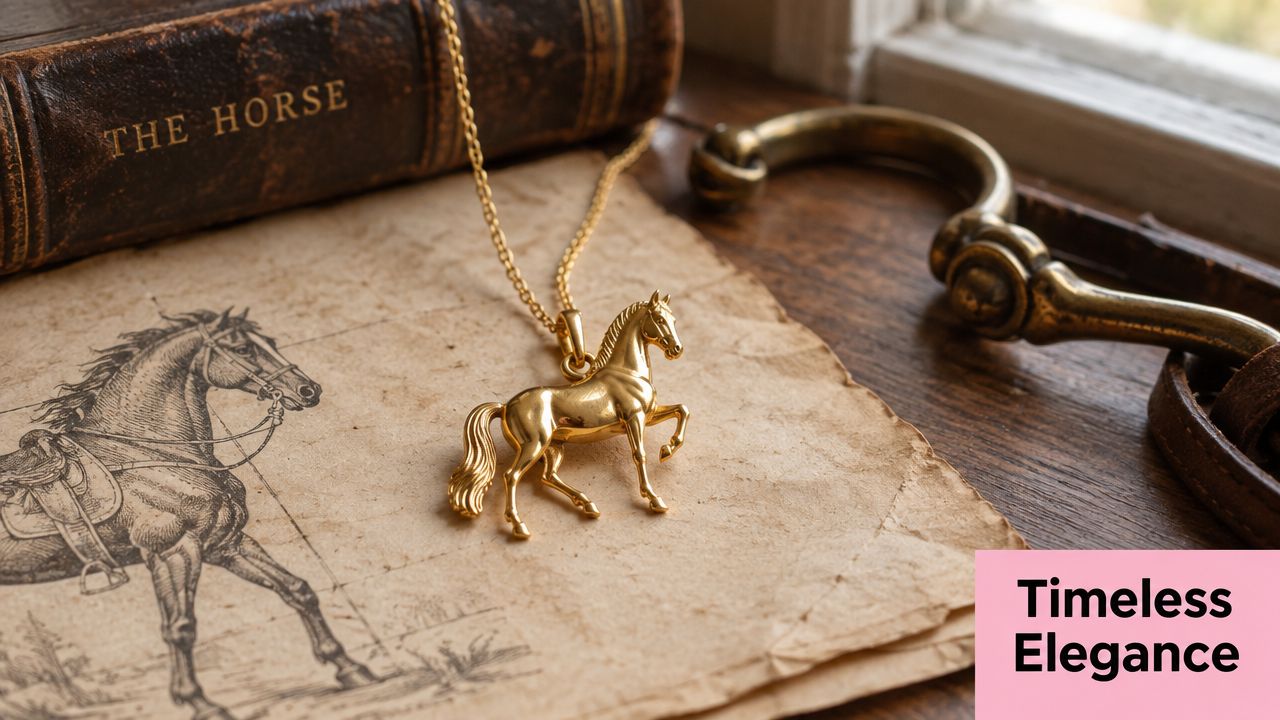 A luxurious gold horse pendant necklace resting on vintage paper next to a book about horses.