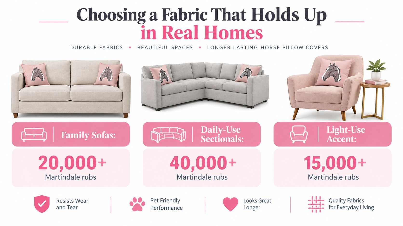 An infographic illustrating furniture upholstery durability requirements featuring sofas, sectionals, and an accent chair with horse pillow covers.