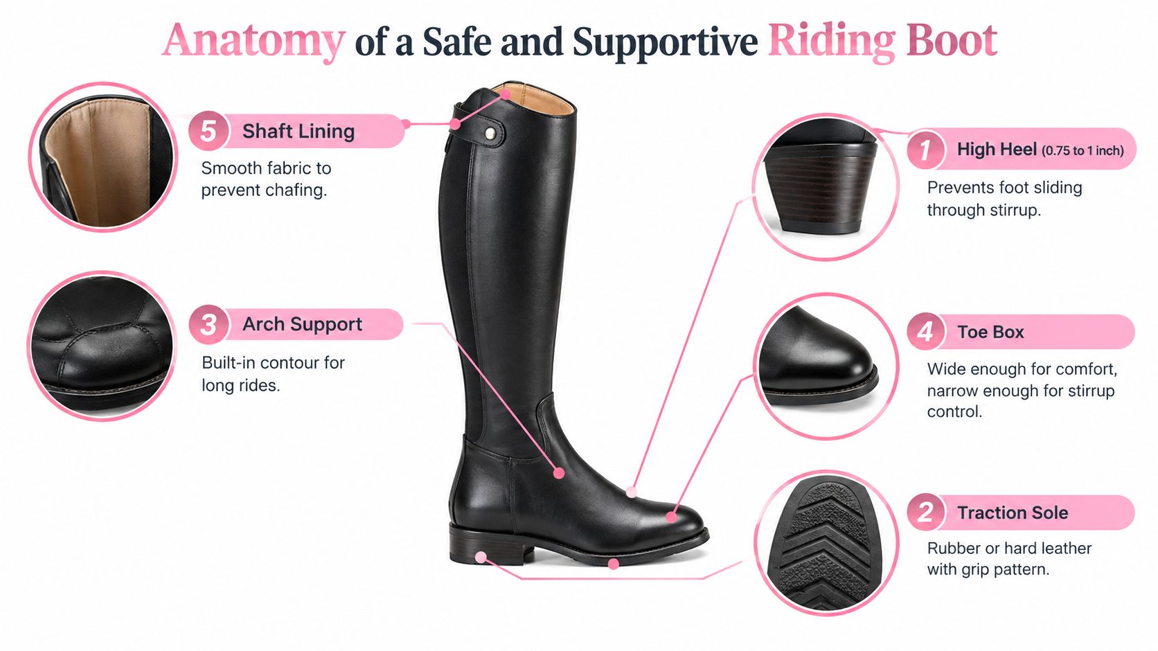 A diagram highlighting the anatomy and features of a safe, supportive black leather horse riding boot.