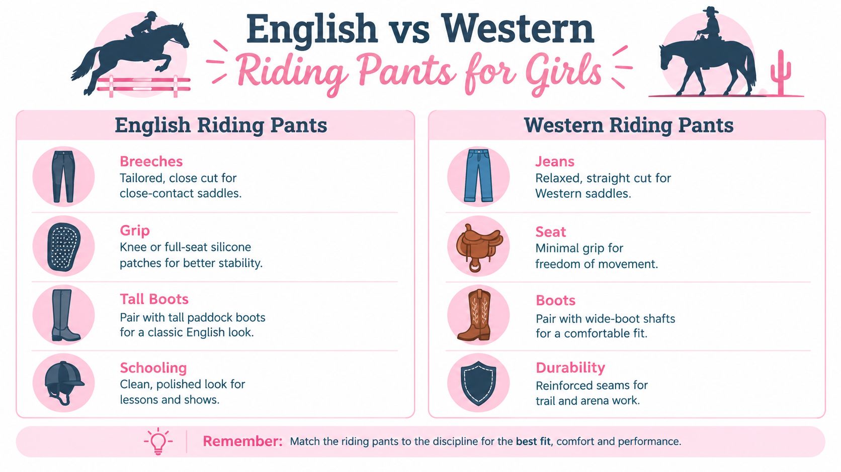A comparison chart showing the differences between English and Western style riding pants for girls.