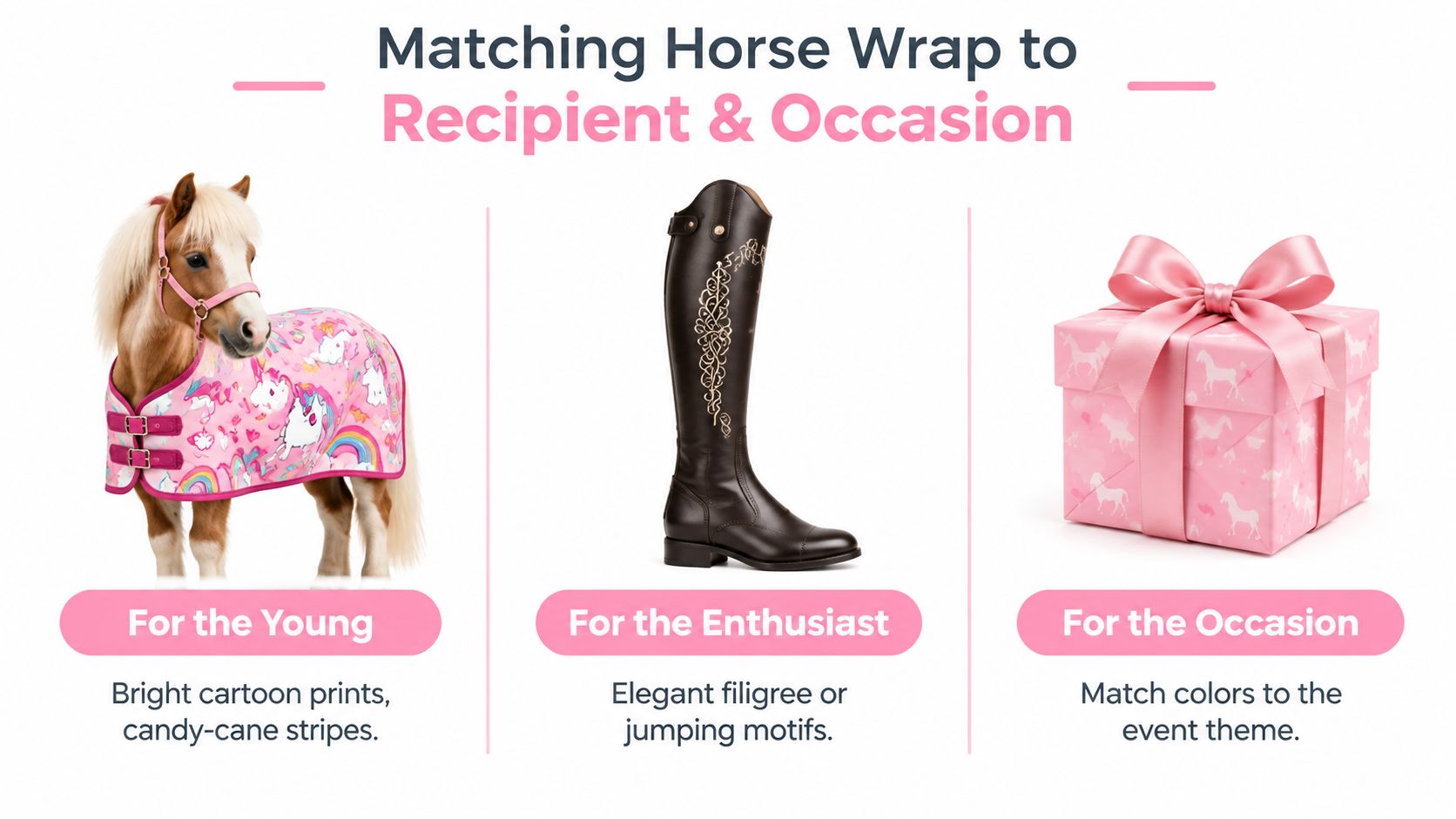 A graphic showing different styles of horse-themed gift wrapping options for young riders and enthusiasts.