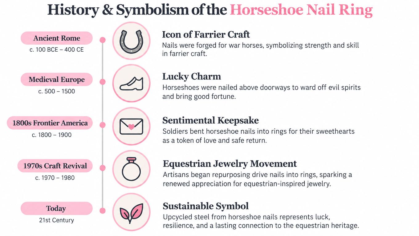 A timeline graphic illustrating the historical evolution and symbolism of horseshoe nail rings through various eras.