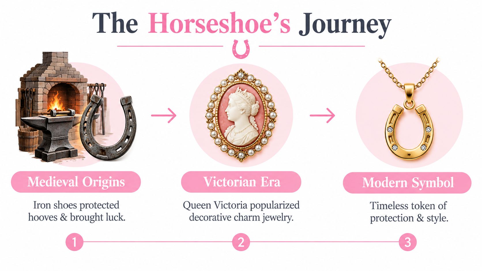 A visual timeline titled The Horseshoe's Journey showing the evolution from a medieval horseshoe to Victorian jewelry and modern pendants.