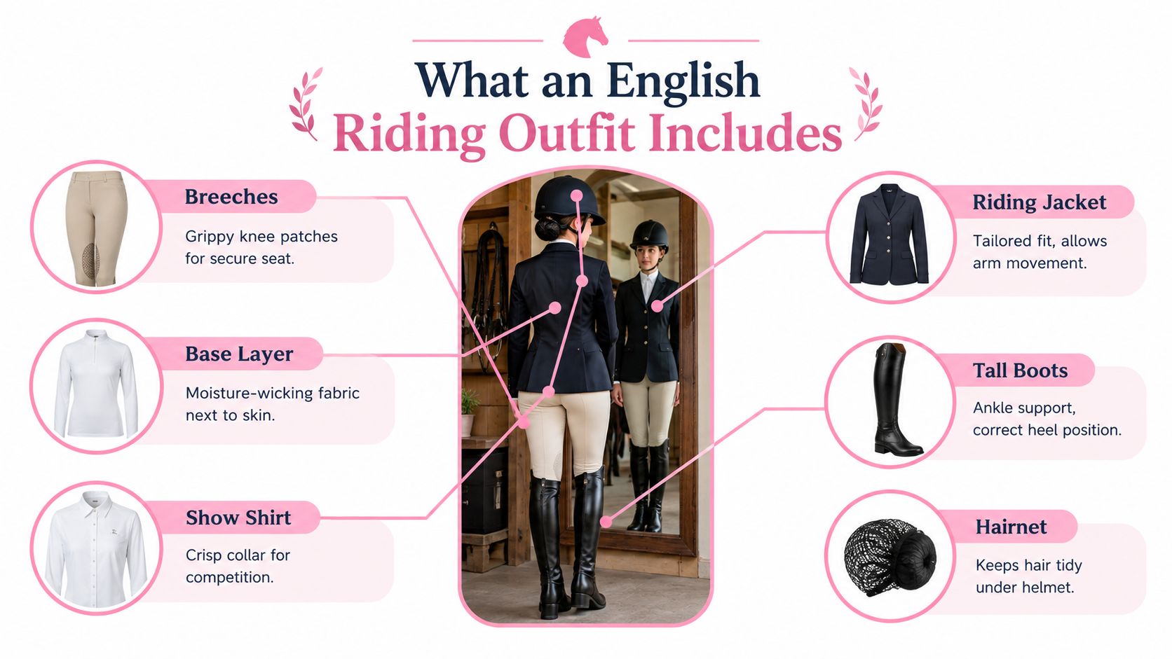 An infographic detailing the essential components of an English riding outfit, including clothing, boots, and safety gear.