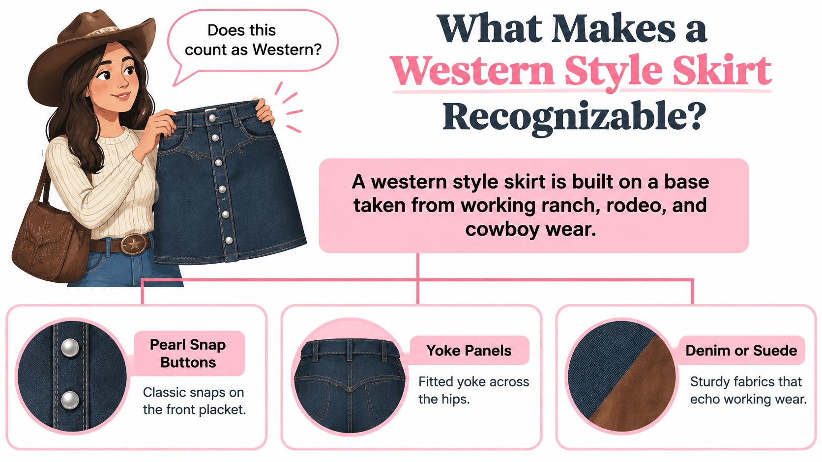 A stylish woman holding a denim skirt, explaining the key features that define western style clothing.