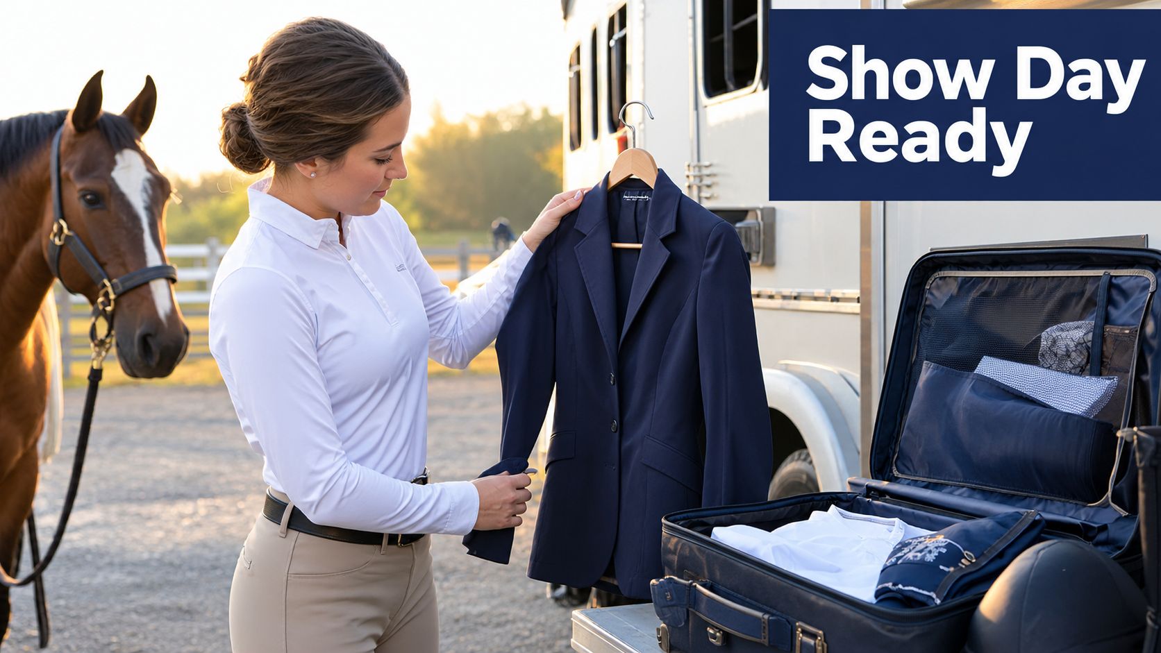 A female equestrian holding a navy blue riding jacket next to a suitcase before a horse show.