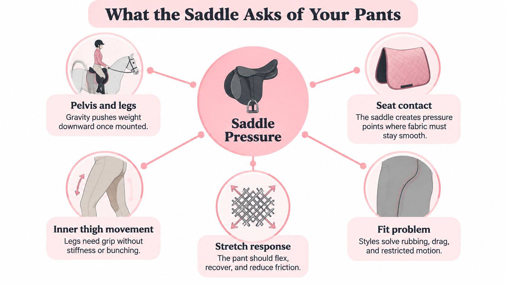 An infographic detailing the requirements of riding pants for comfort and performance while using a horse saddle.