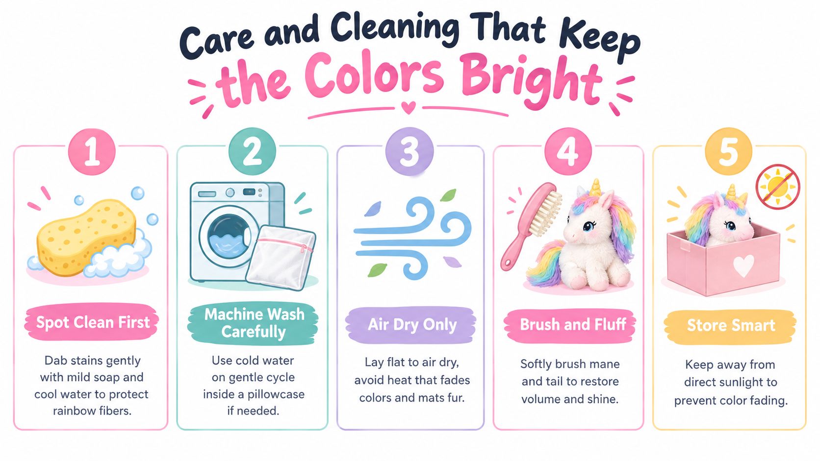 An infographic detailing five simple steps for cleaning and caring for a rainbow unicorn plush toy.