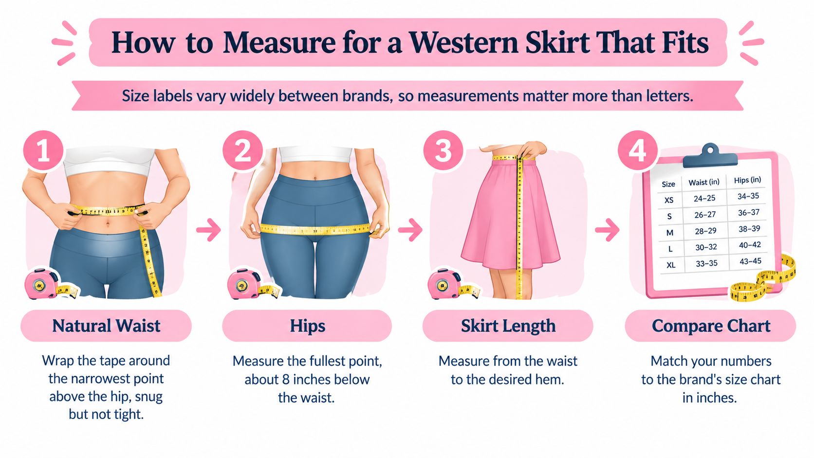 A four-step instructional guide showing how to measure the waist, hips, and length for a western-style skirt.
