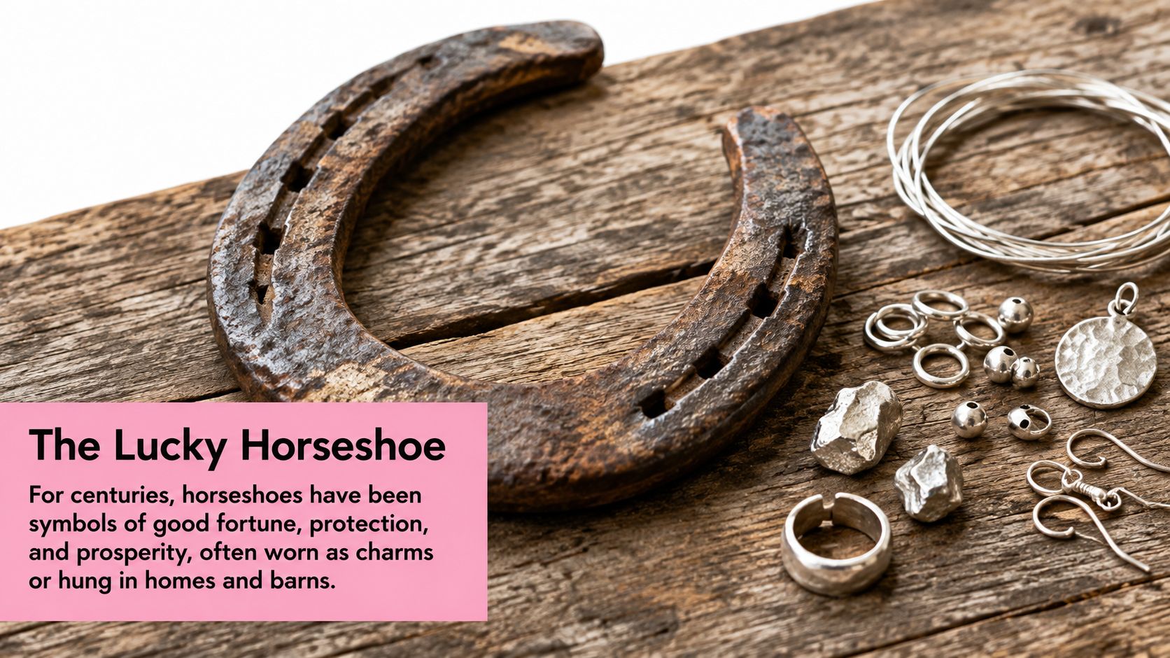 A rustic iron horseshoe resting on a weathered wooden surface next to silver jewelry making components.