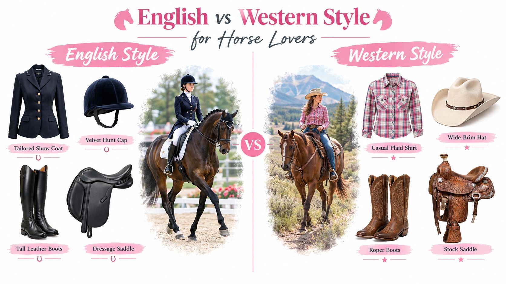 A comparison chart showing English and Western style horseback riding clothing and equipment side by side.
