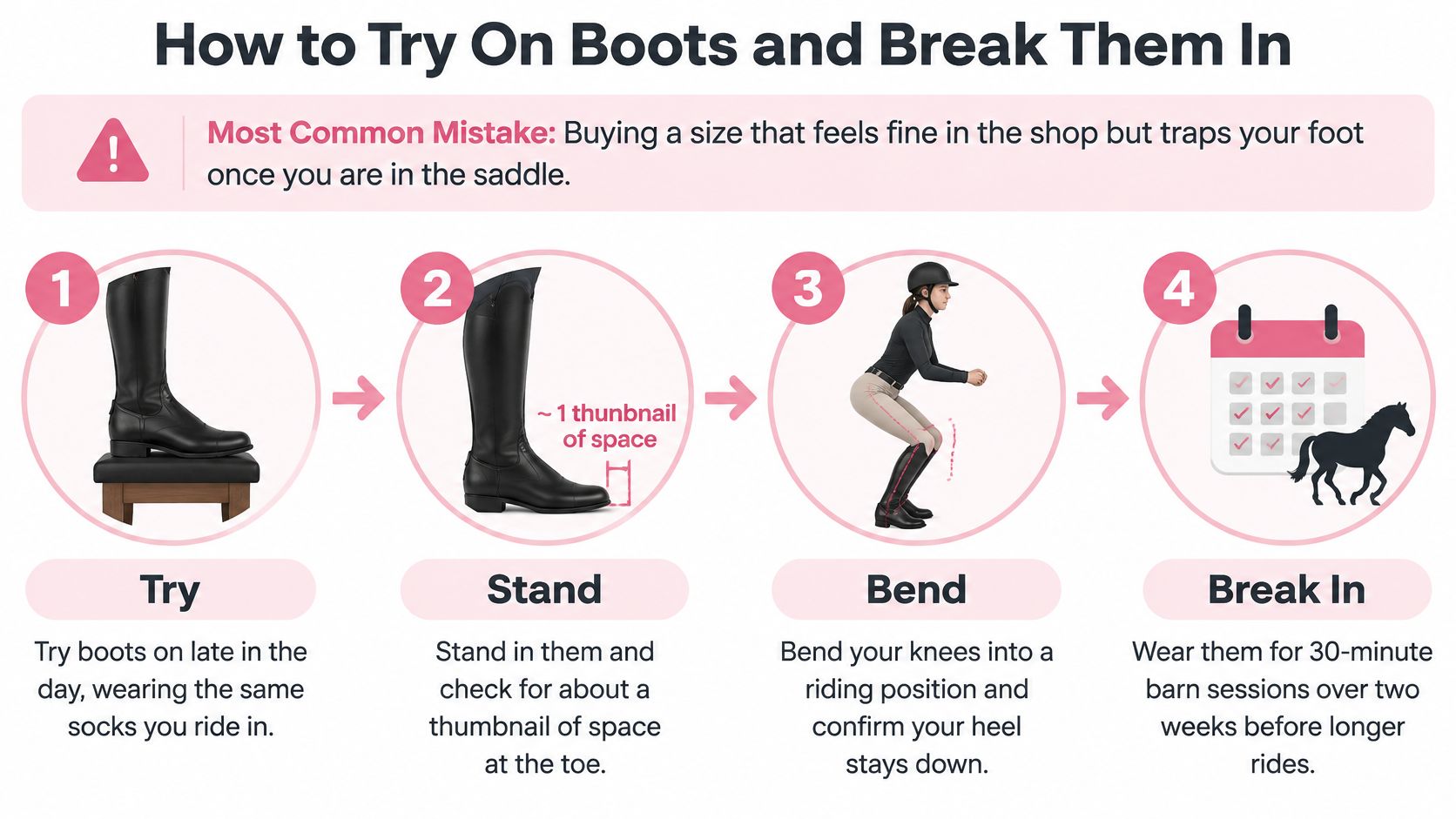 An infographic showing four steps on how to try on and break in equestrian riding boots properly.