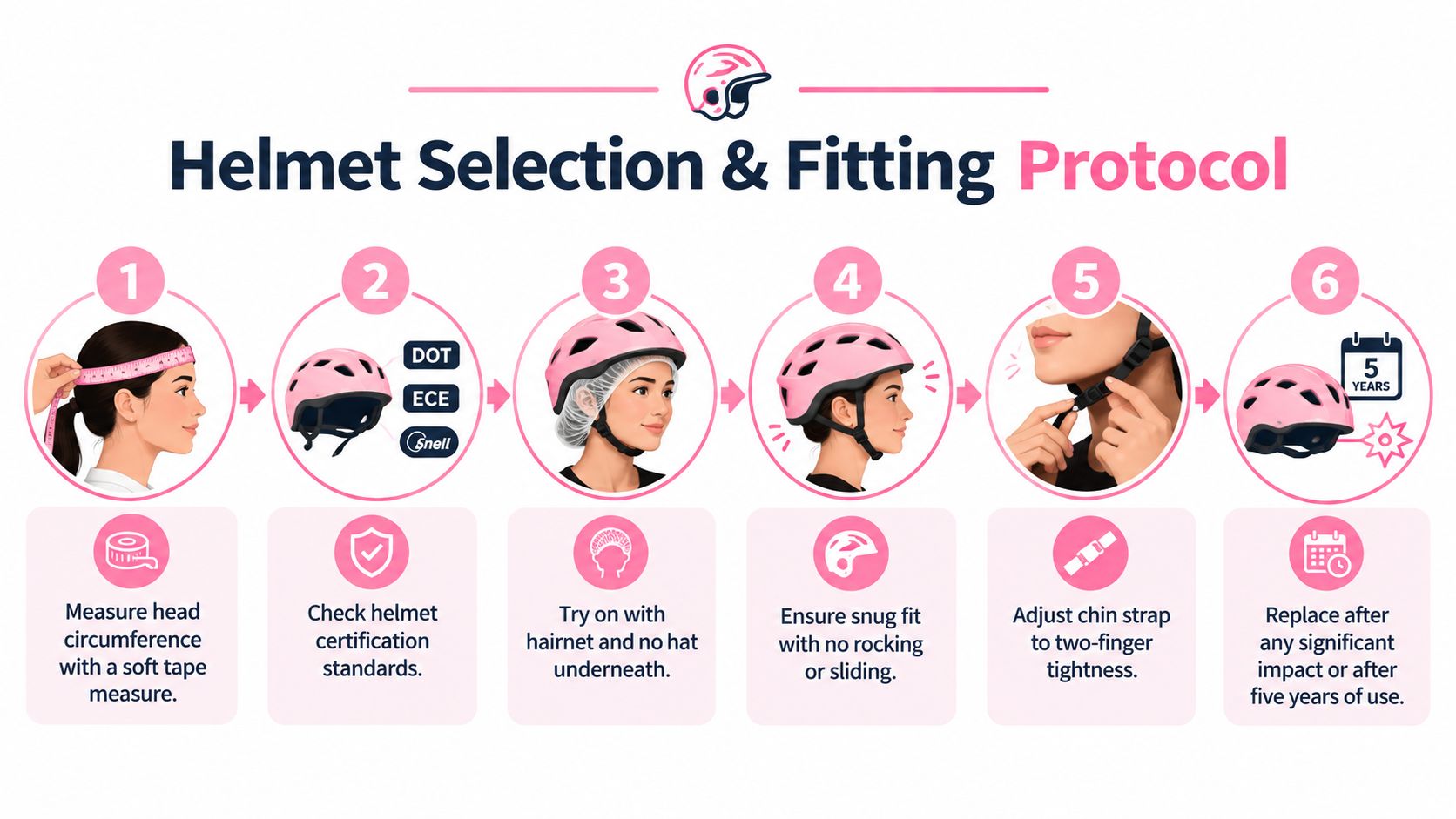 A six-step instructional infographic guide for the proper selection and fitting of a bicycle helmet.