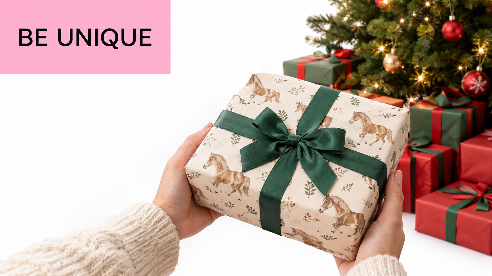 A person wearing a beige sweater holds a gift wrapped in paper featuring horse illustrations.