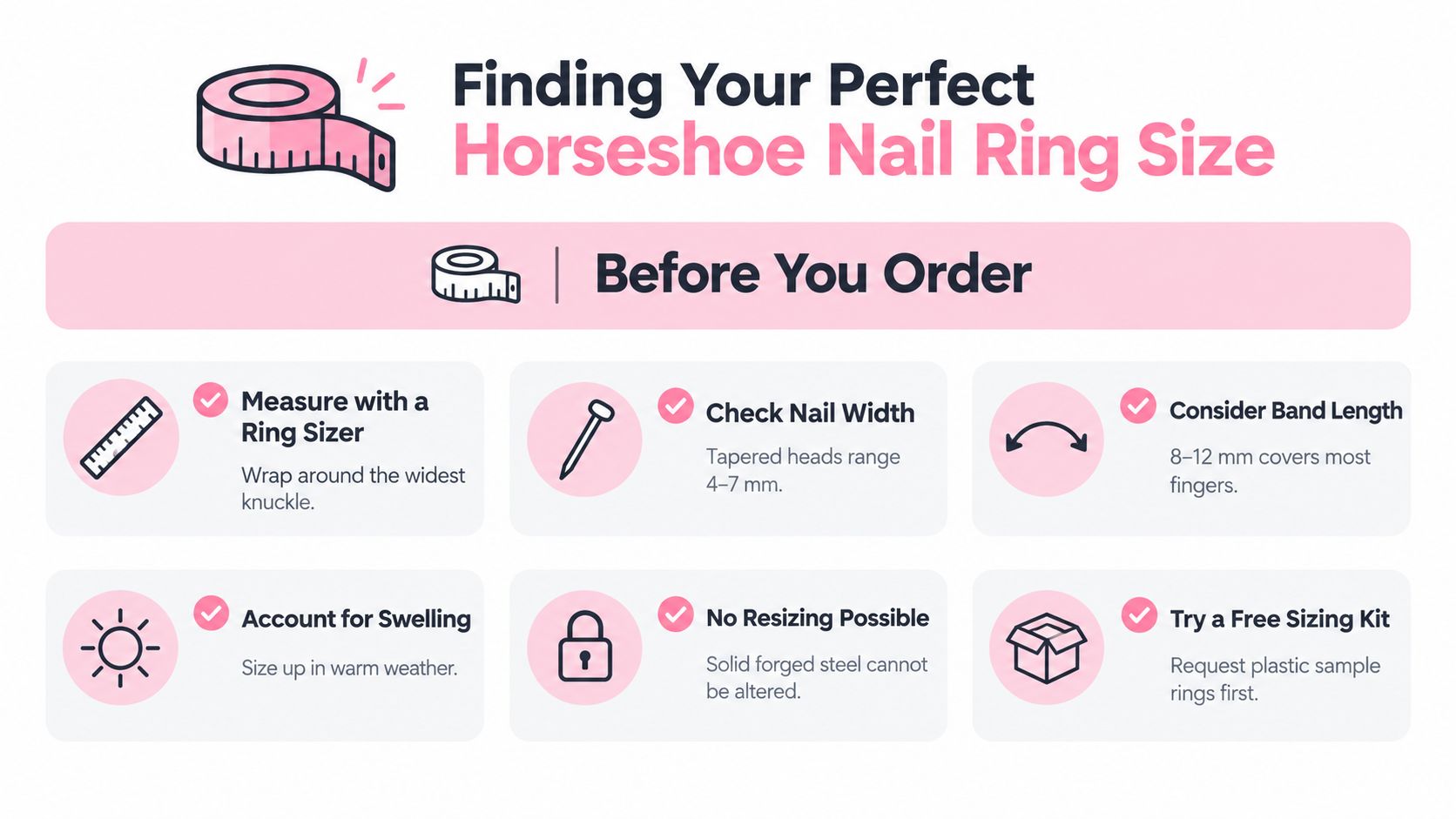 An infographic guide providing tips on how to measure your finger for a horseshoe nail ring.