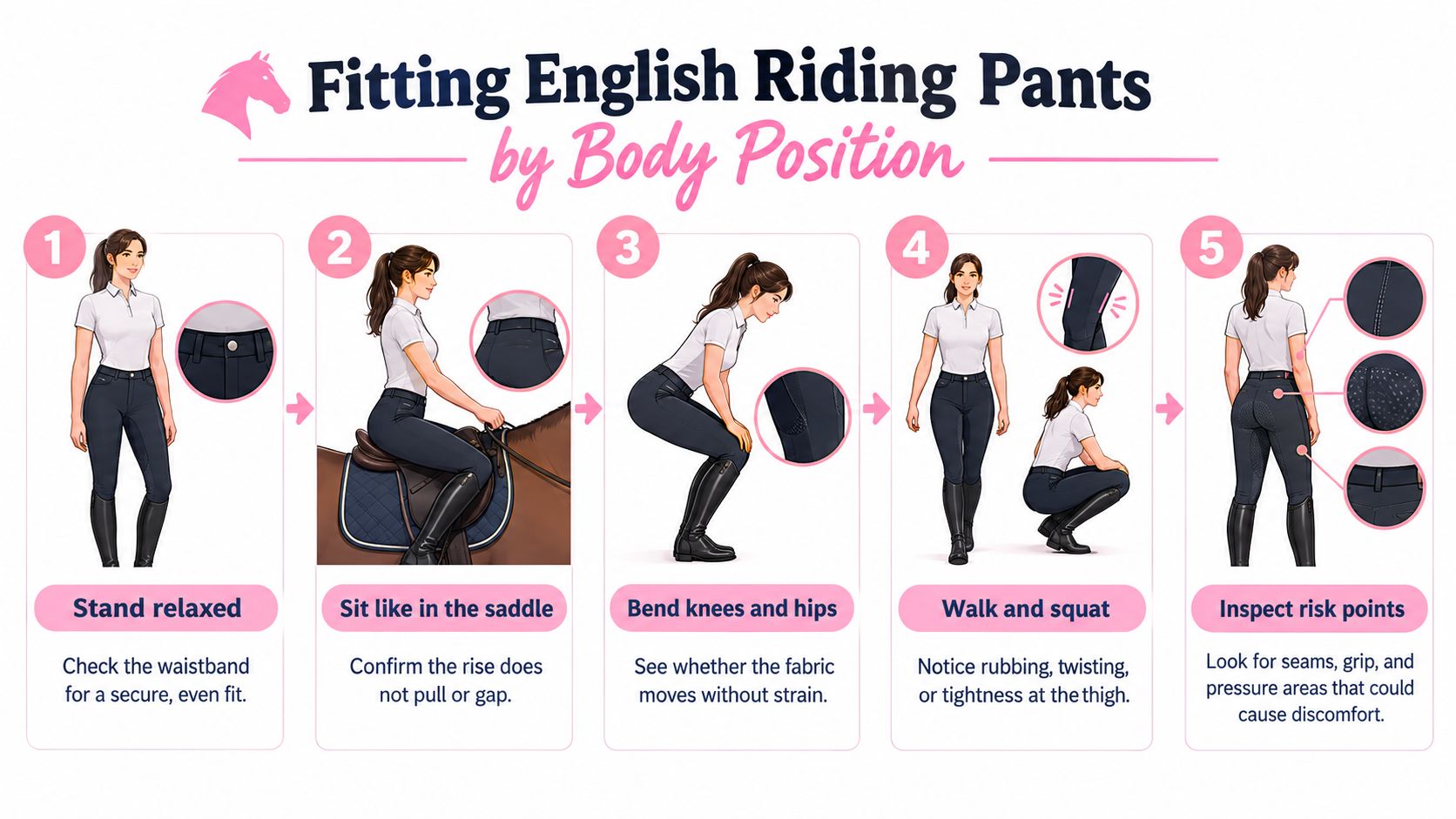 A five-step instructional guide on how to check the fit of English riding pants by body position.