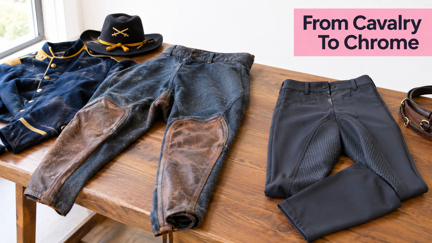 A side-by-side comparison of vintage cavalry breeches with leather patches next to modern equestrian riding breeches.