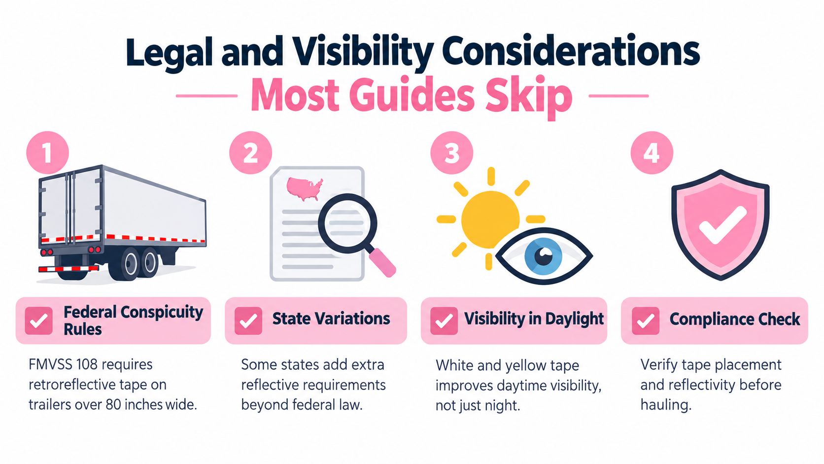 An infographic detailing four legal and visibility considerations for trailer safety regulations including conspicuity tape.