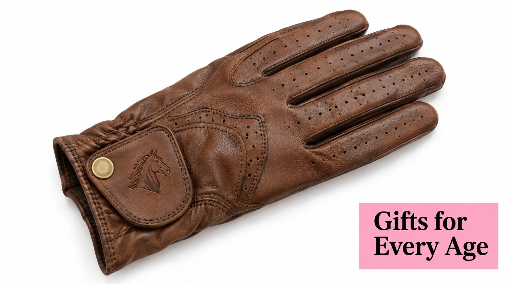 A close-up view of a luxury brown leather driving glove featuring a horse logo and decorative perforations.