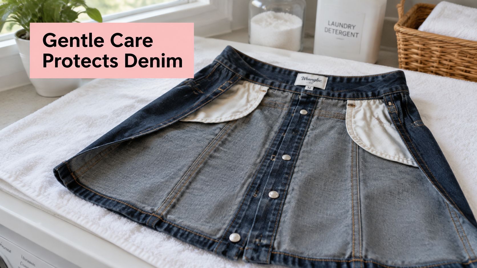 A denim skirt from Wrangler laid flat on a white towel to dry with a care message.