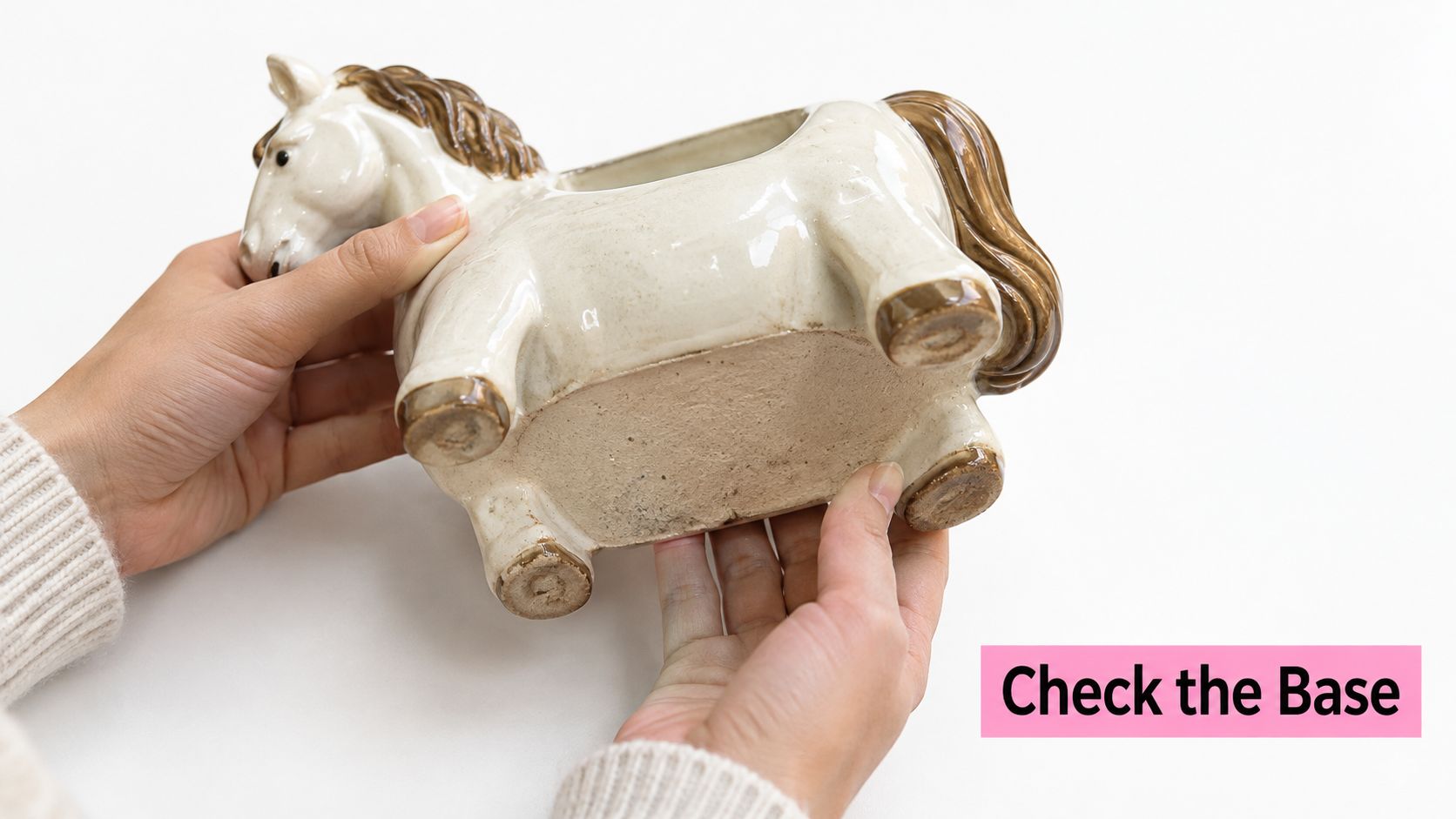 A person holding a cream-colored ceramic horse planter to inspect the underside of its base.