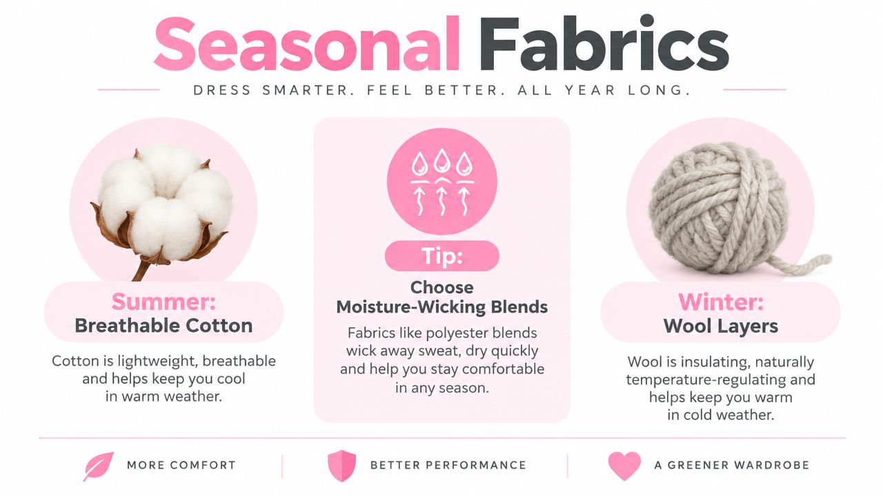 An infographic titled Seasonal Fabrics showing recommendations for cotton in summer, moisture-wicking blends, and wool in winter.