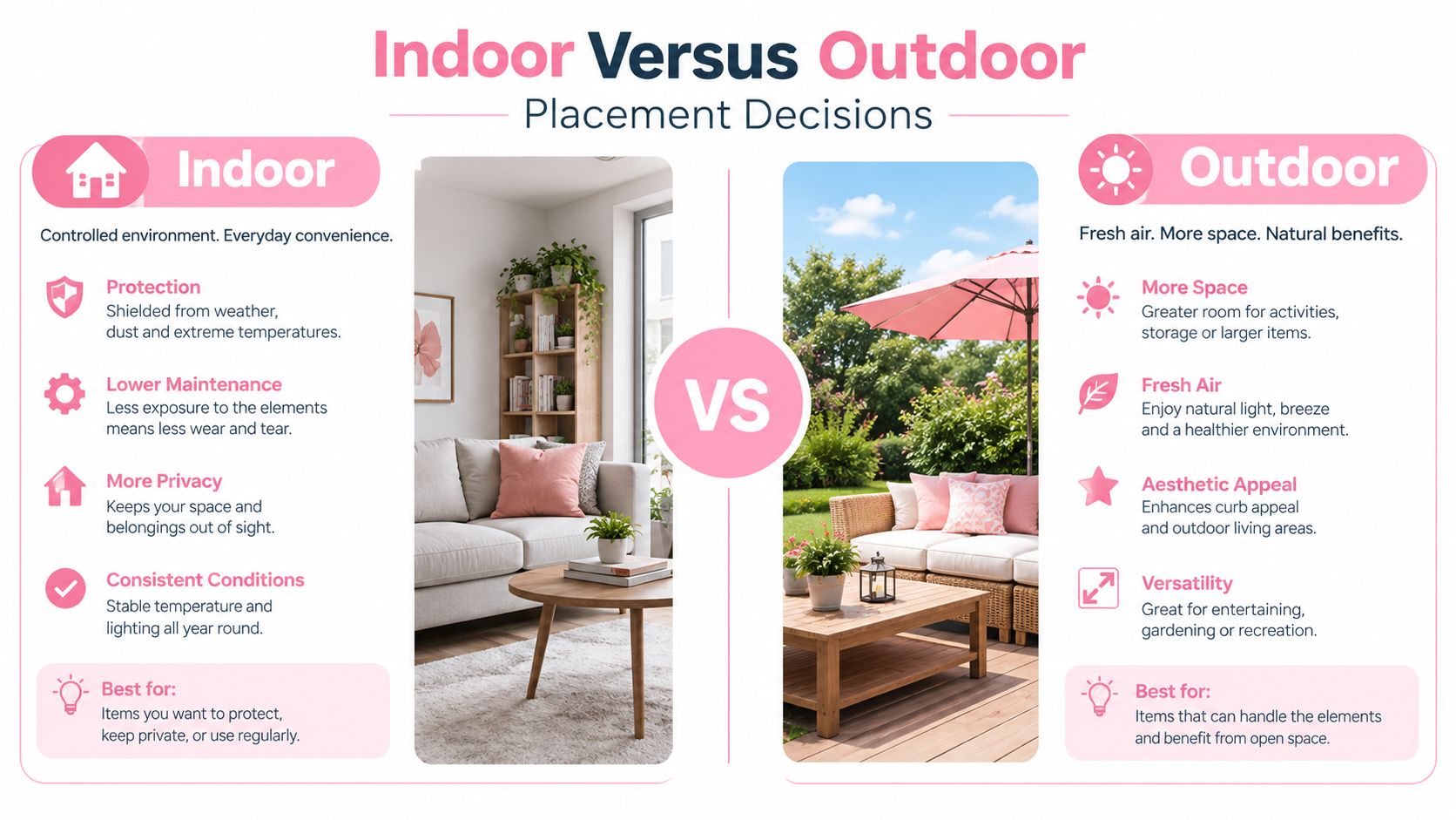 A comparative infographic showing the benefits of indoor versus outdoor placement for home furniture and decor items.