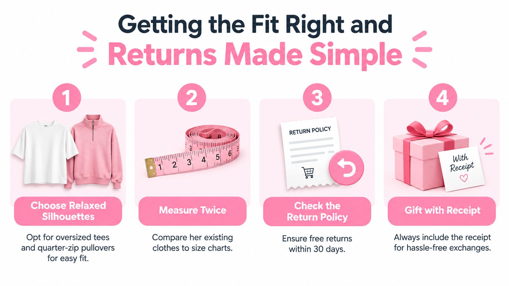 An infographic titled Getting the Fit Right and Returns Made Simple showing four tips for gifting clothes.