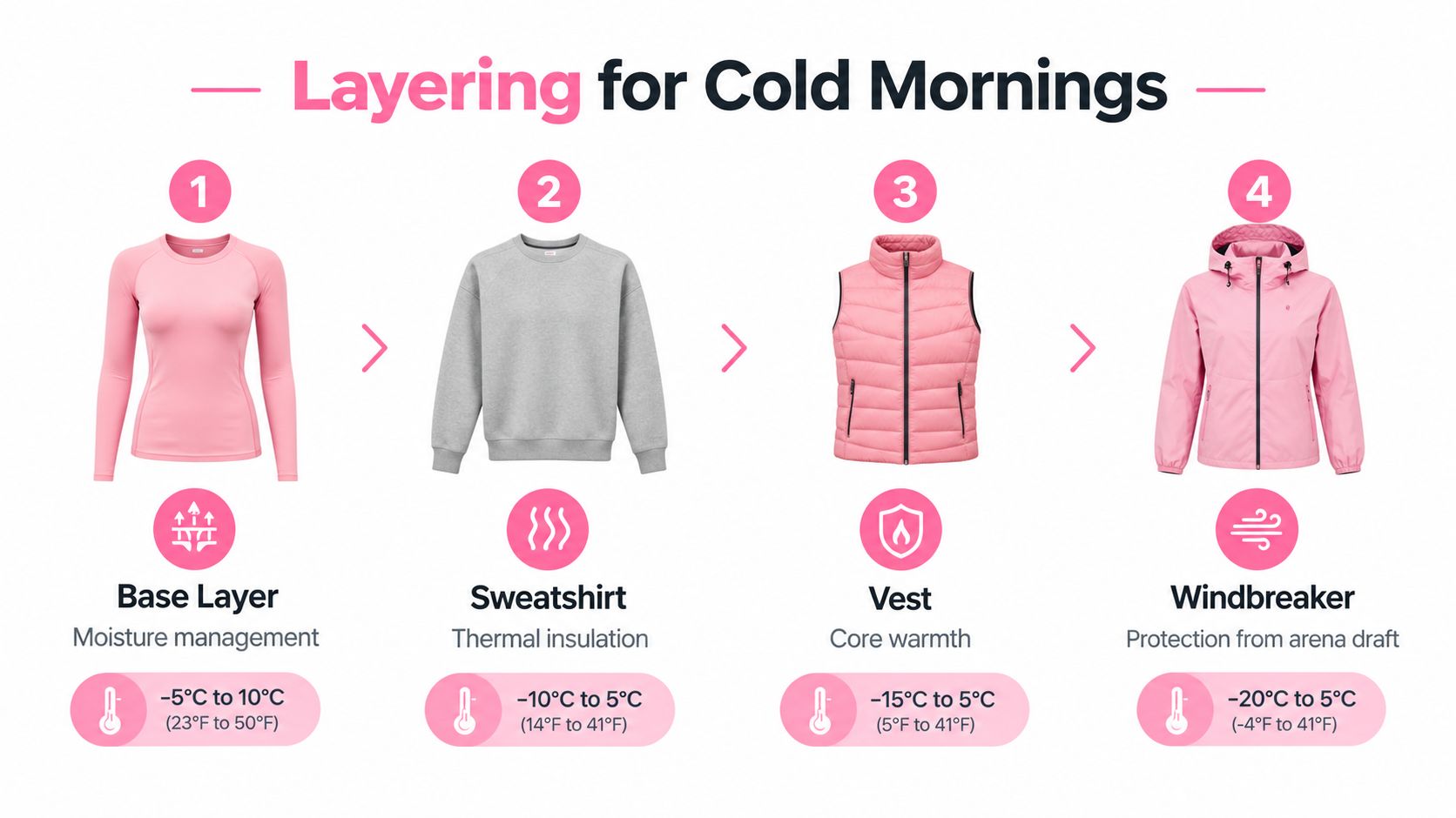 A four-step infographic showing clothing items for layering during cold morning barrel racing, including base layers to windbreakers.
