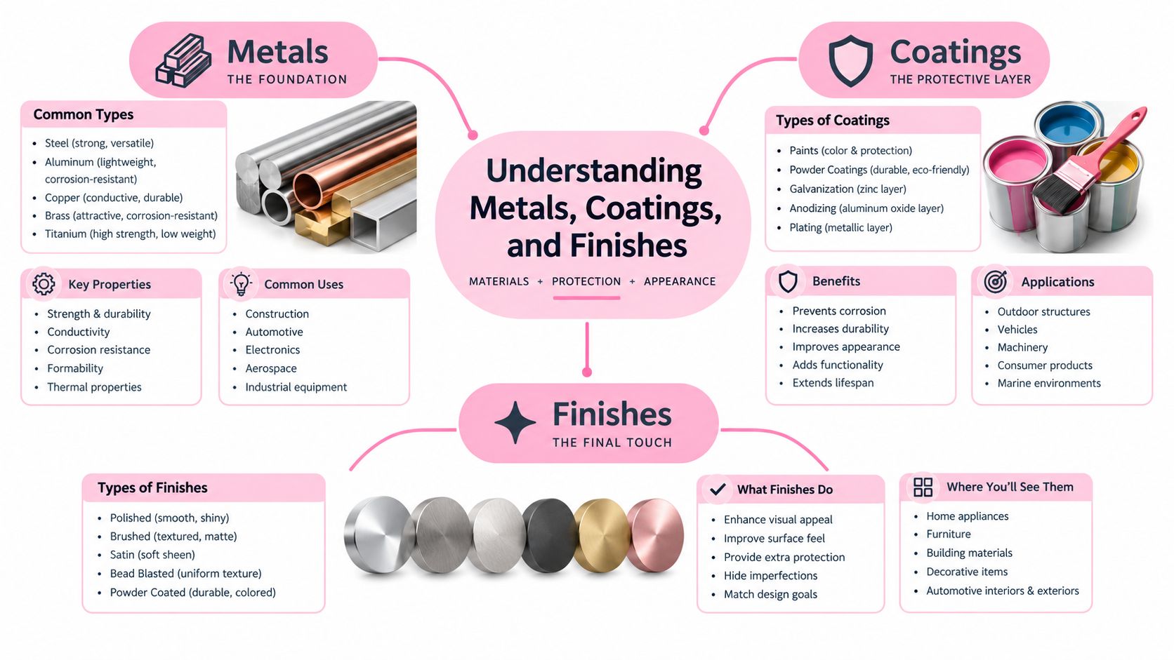 A mind map infographic illustrating the relationship between metals, protective coatings, and final surface finishes.